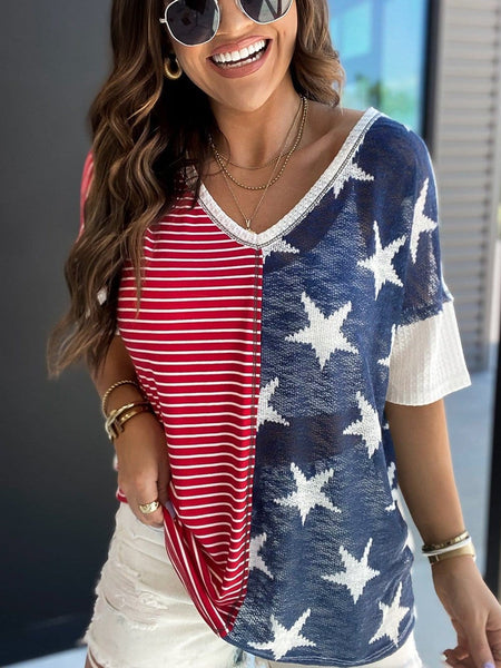 Star Print V-neck Tee with Color-blocking Design