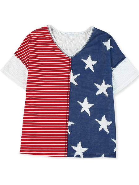Star Print V-neck Tee with Color-blocking Design