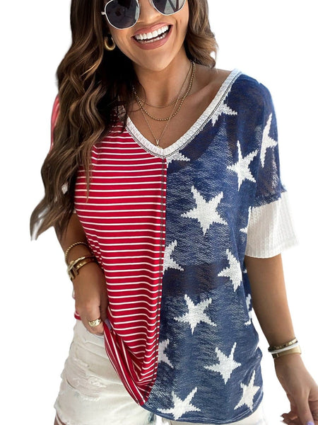 Star Print V-neck Tee with Color-blocking Design