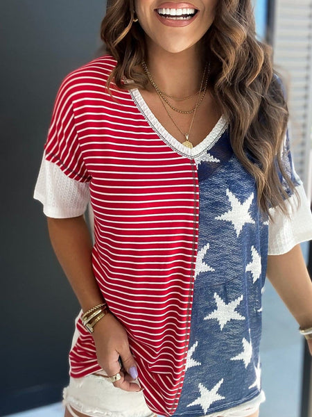 Star Print V-neck Tee with Color-blocking Design