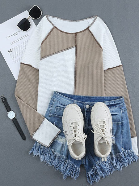 Contrast Color Splicing Long-Sleeve Women'S Pullover Shirt