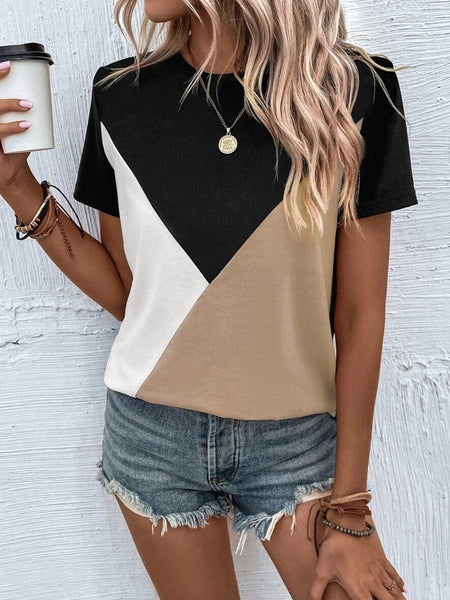 Contrast Color Stitching Loose Casual Round Neck T-Shirt