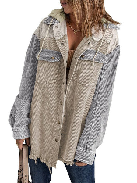 Contrast Stitched Corduroy Hooded Jacket For Women