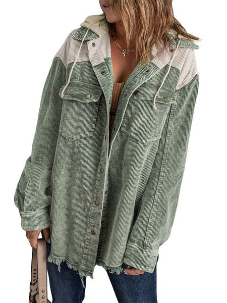 Contrast Stitched Corduroy Hooded Jacket For Women