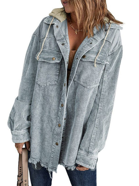 Contrast Stitched Corduroy Hooded Jacket For Women
