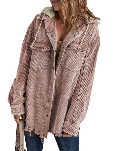 Contrast Stitched Corduroy Hooded Jacket For Women
