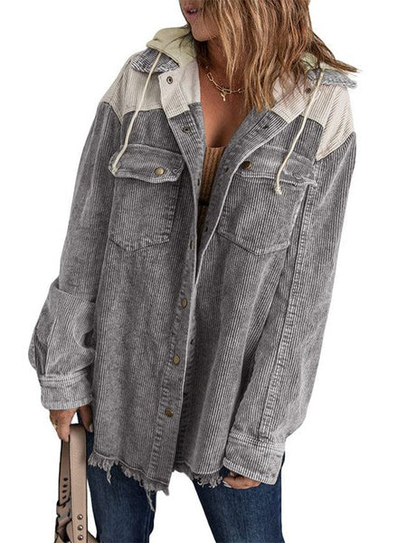 Contrast Stitched Corduroy Hooded Jacket For Women