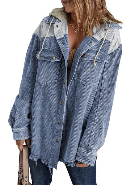 Contrast Stitched Corduroy Hooded Jacket For Women