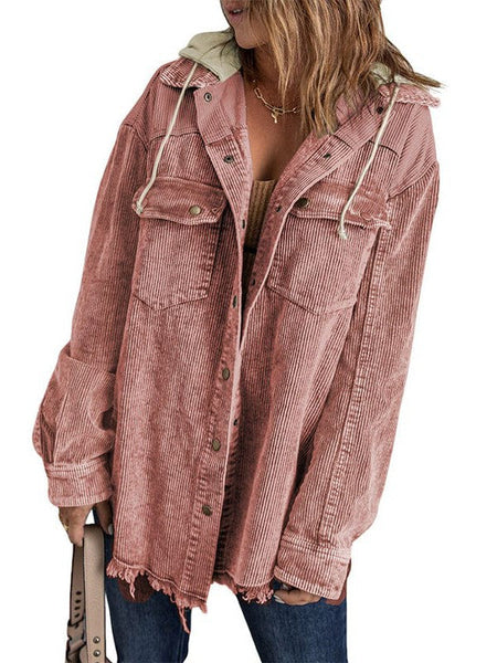 Contrast Stitched Corduroy Hooded Jacket For Women