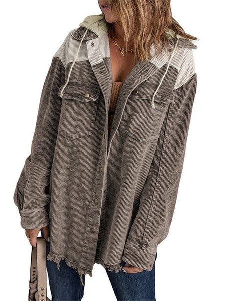 Contrast Stitched Corduroy Hooded Jacket For Women