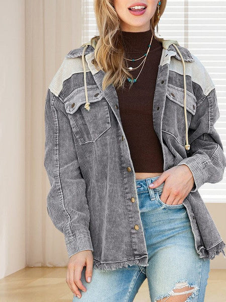 Contrast Stitched Corduroy Hooded Jacket For Women