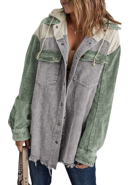 Contrast Stitched Corduroy Hooded Jacket For Women