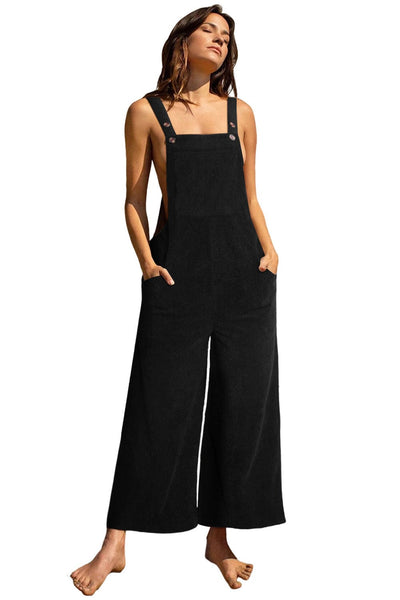 Corduroy Black Wide Leg Overalls with Adjustable Straps