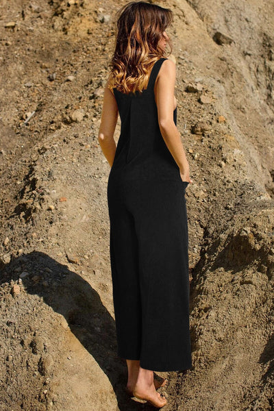 Corduroy Black Wide Leg Overalls with Adjustable Straps