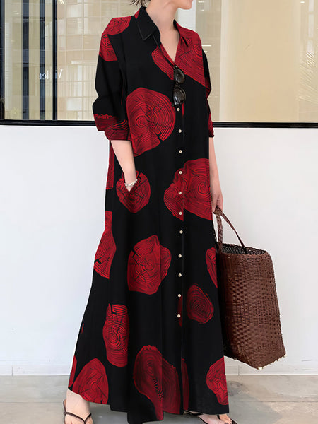 Women's Cotton Printed Long Sleeve Loose Casual Maxi Dress