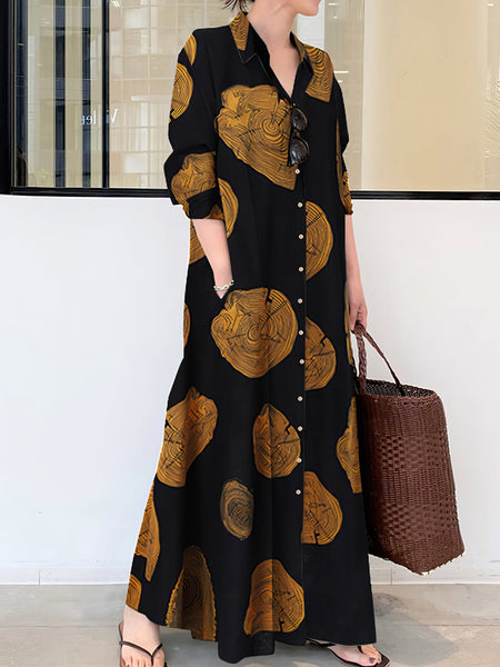 Women's Cotton Printed Long Sleeve Loose Casual Maxi Dress