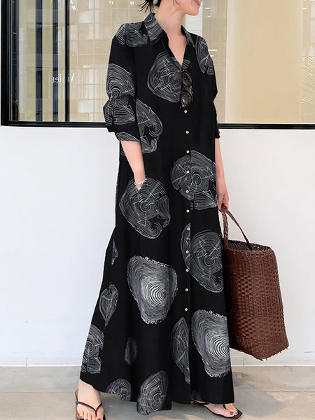 Women's Cotton Printed Long Sleeve Loose Casual Maxi Dress