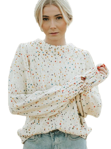 Women's Cozy Beige Polka Dot Cable Knit Sweater