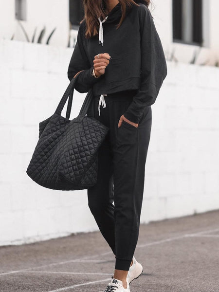 Solid Kangaroo Pocket Hoodie & Drawstring Pants Two-Piece Set