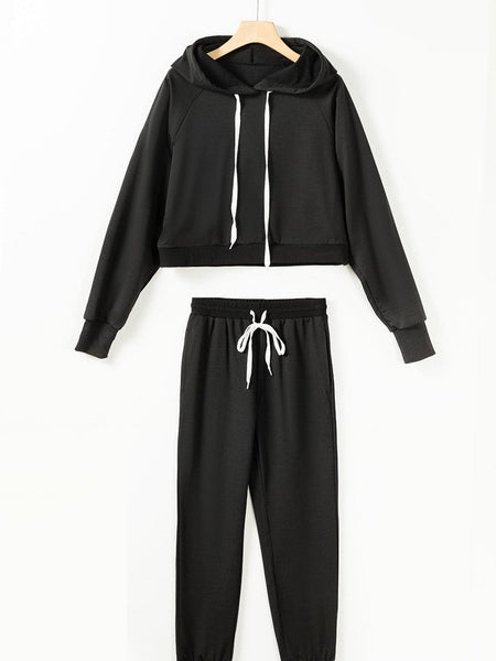 Solid Kangaroo Pocket Hoodie & Drawstring Pants Two-Piece Set
