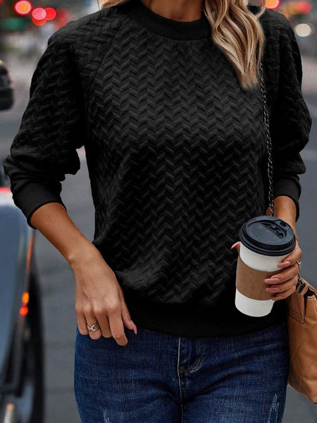 Cozy Black Textured Raglan Sleeve Pullover Sweatshirt
