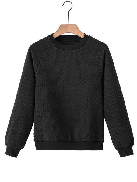 Cozy Black Textured Raglan Sleeve Pullover Sweatshirt