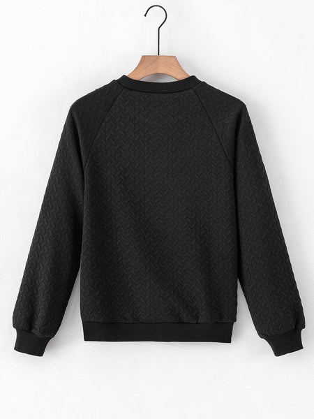 Cozy Black Textured Raglan Sleeve Pullover Sweatshirt