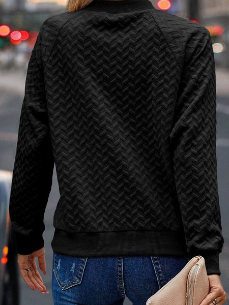 Cozy Black Textured Raglan Sleeve Pullover Sweatshirt