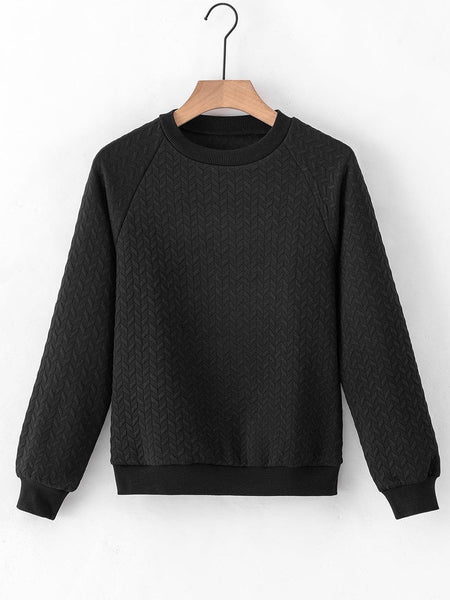 Cozy Black Textured Raglan Sleeve Pullover Sweatshirt