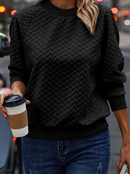 Cozy Black Textured Raglan Sleeve Pullover Sweatshirt