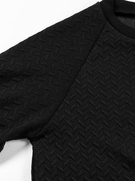 Cozy Black Textured Raglan Sleeve Pullover Sweatshirt