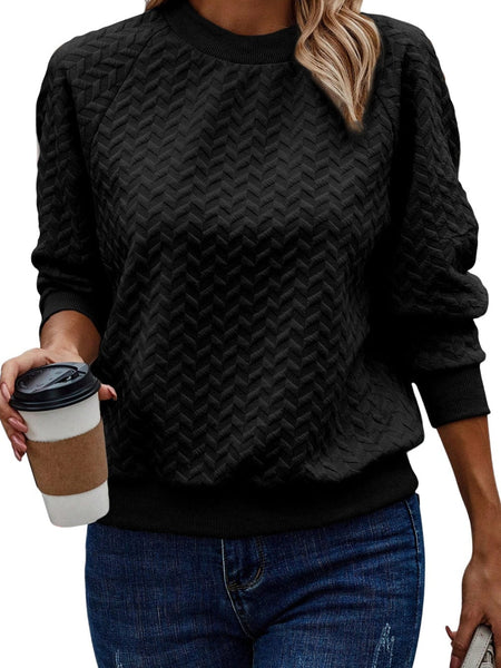 Cozy Black Textured Raglan Sleeve Pullover Sweatshirt