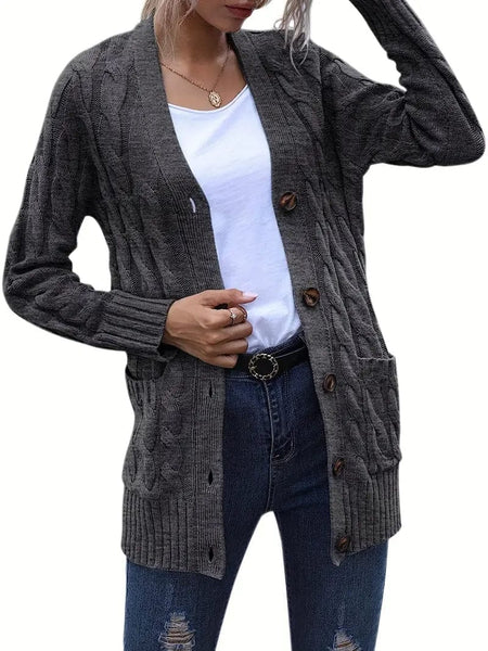 Women's Cozy Cable Knit Button-Front Long Sleeve Cardigan