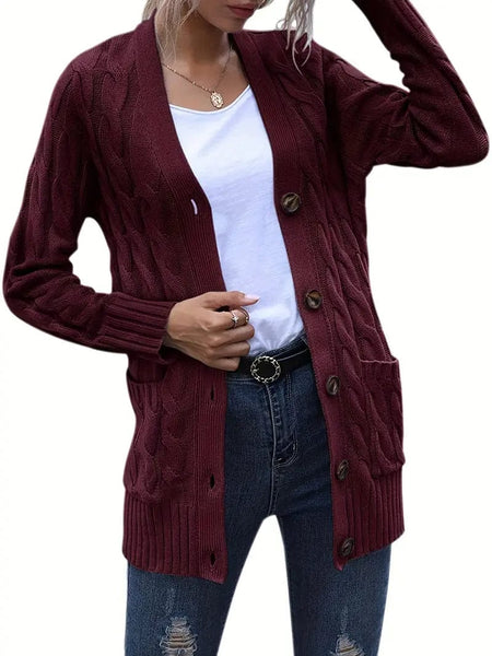 Women's Cozy Cable Knit Button-Front Long Sleeve Cardigan