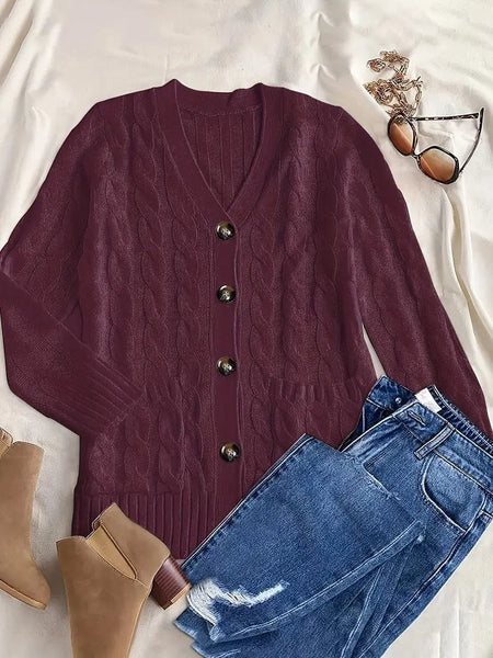 Women's Cozy Cable Knit Button-Front Long Sleeve Cardigan