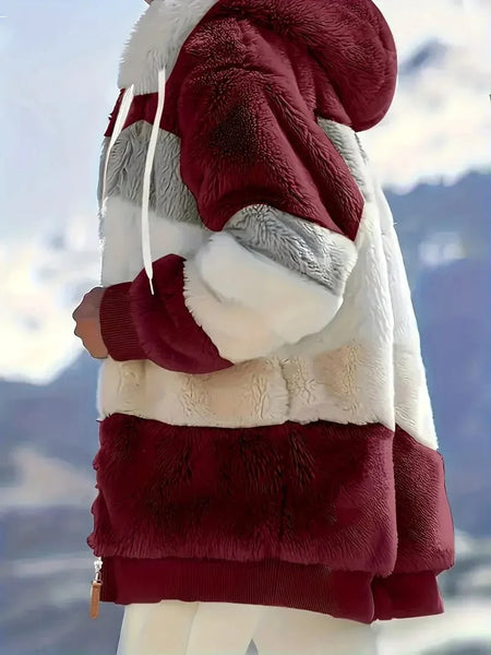 Cozy Colorful Jacket with Hood, Stylish Zippered Drawstring Outerwear for Women