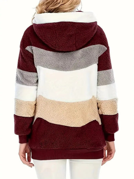 Cozy Colorful Jacket with Hood, Stylish Zippered Drawstring Outerwear for Women