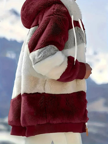 Cozy Colorful Jacket with Hood, Stylish Zippered Drawstring Outerwear for Women
