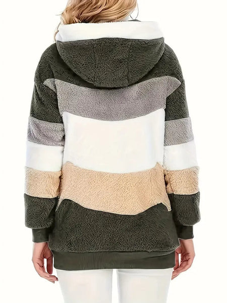 Cozy Colorful Jacket with Hood, Stylish Zippered Drawstring Outerwear for Women