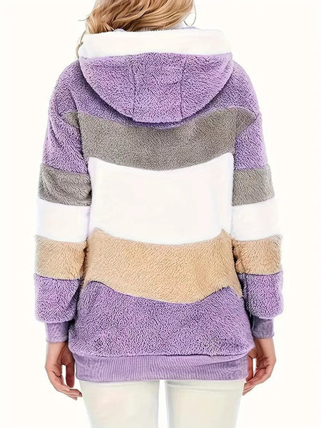Cozy Colorful Jacket with Hood, Stylish Zippered Drawstring Outerwear for Women