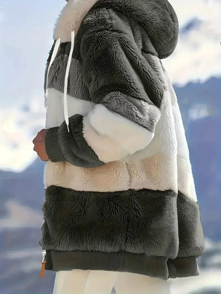 Cozy Colorful Jacket with Hood, Stylish Zippered Drawstring Outerwear for Women