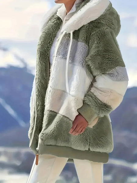 Cozy Colorful Jacket with Hood, Stylish Zippered Drawstring Outerwear for Women