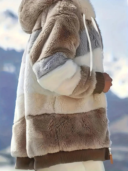 Cozy Colorful Jacket with Hood, Stylish Zippered Drawstring Outerwear for Women
