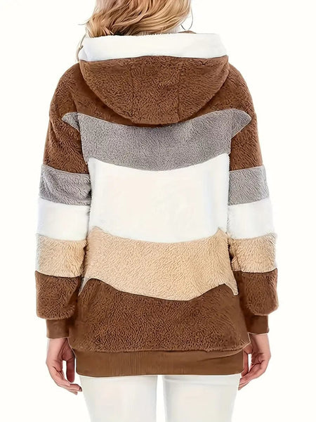 Cozy Colorful Jacket with Hood, Stylish Zippered Drawstring Outerwear for Women