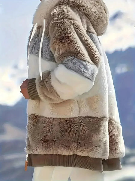Cozy Colorful Jacket with Hood, Stylish Zippered Drawstring Outerwear for Women