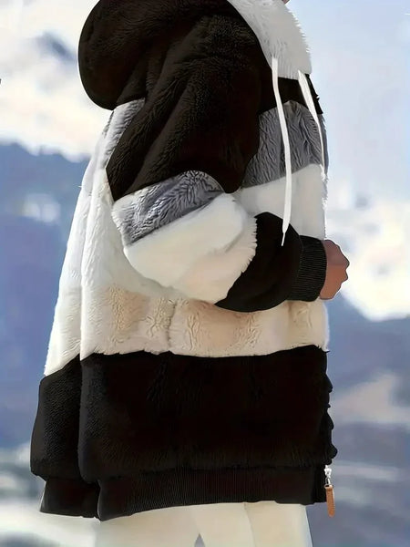 Cozy Colorful Jacket with Hood, Stylish Zippered Drawstring Outerwear for Women
