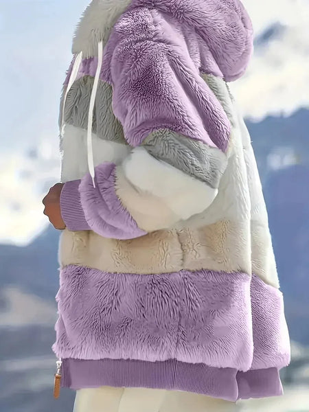 Cozy Colorful Jacket with Hood, Stylish Zippered Drawstring Outerwear for Women