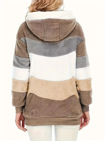 Cozy Colorful Jacket with Hood, Stylish Zippered Drawstring Outerwear for Women