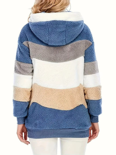 Cozy Colorful Jacket with Hood, Stylish Zippered Drawstring Outerwear for Women