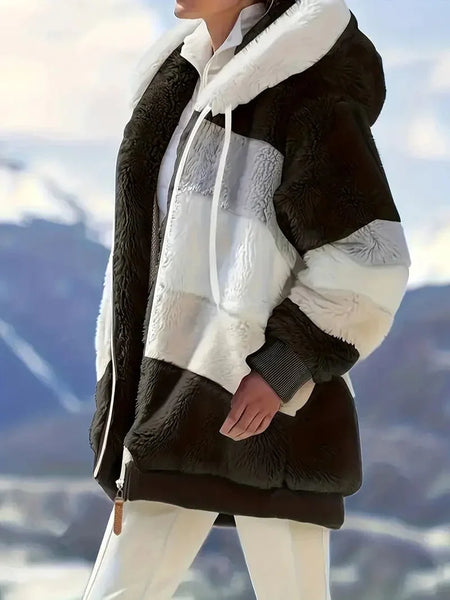 Cozy Colorful Jacket with Hood, Stylish Zippered Drawstring Outerwear for Women